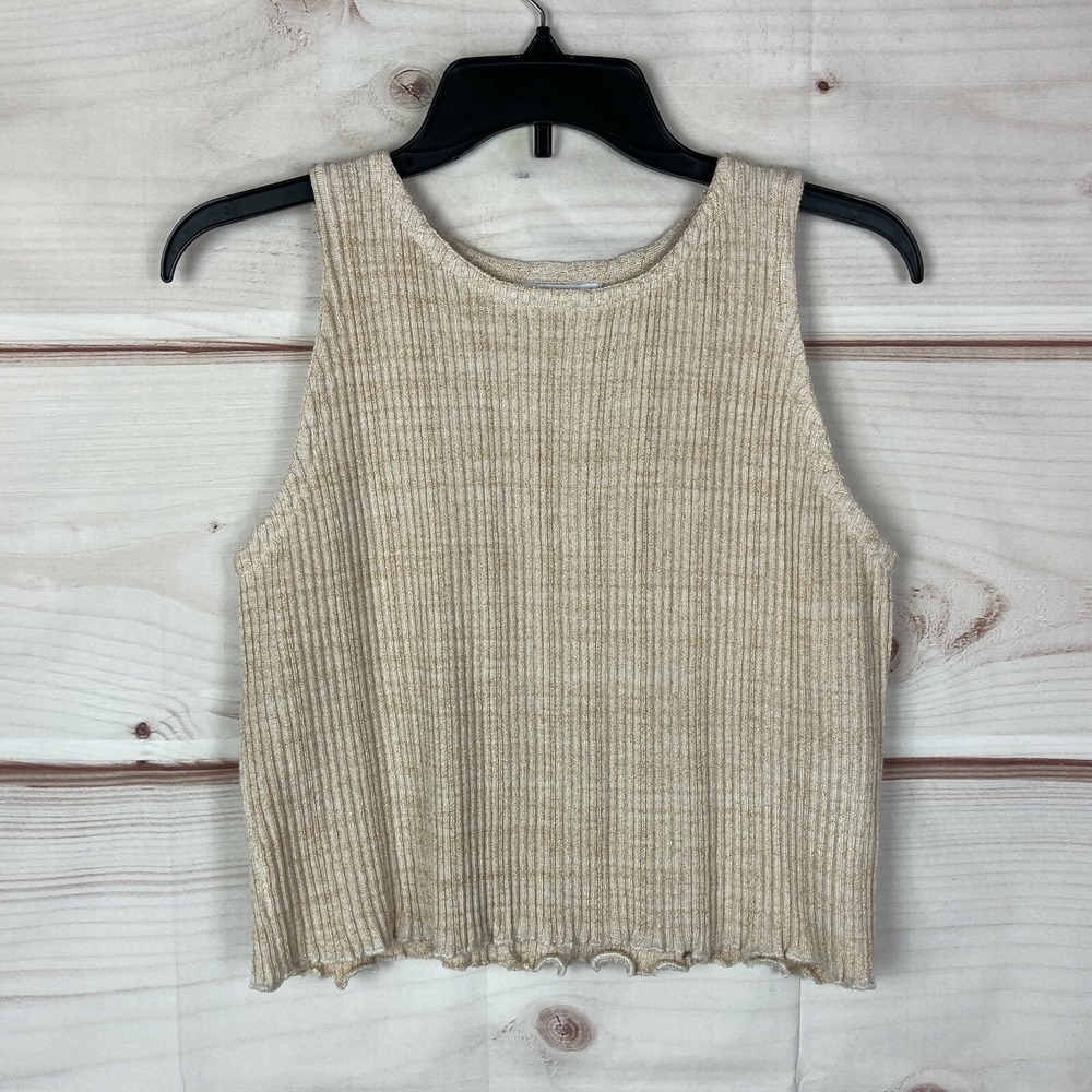 Storia Top Womens Large Gold Ivory Marled Rib Knit Cropped Tank Sleeveless Cami